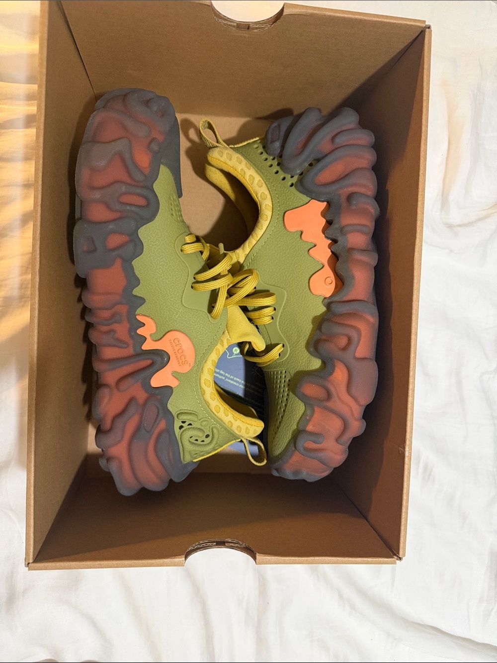 CROCS Olive Green and Orange womens 11/ men’s 8 Sneakers with Sculpted Gray Sole